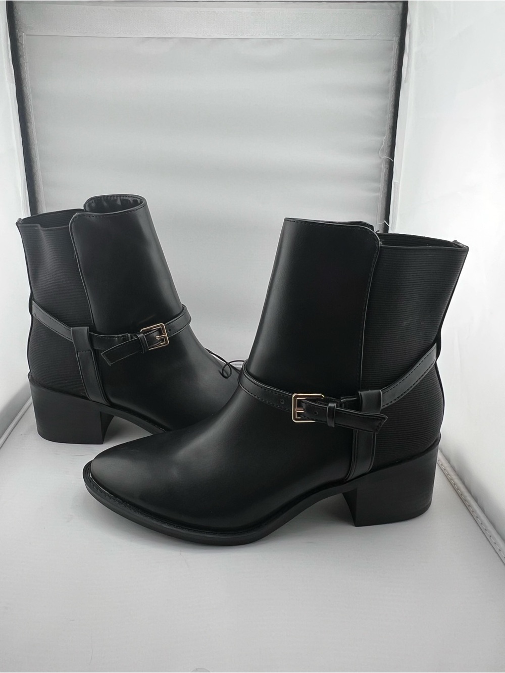 Alexis Bendel Black Ankle Booties Buckle Strap Block Heel Women’s Size 7.5